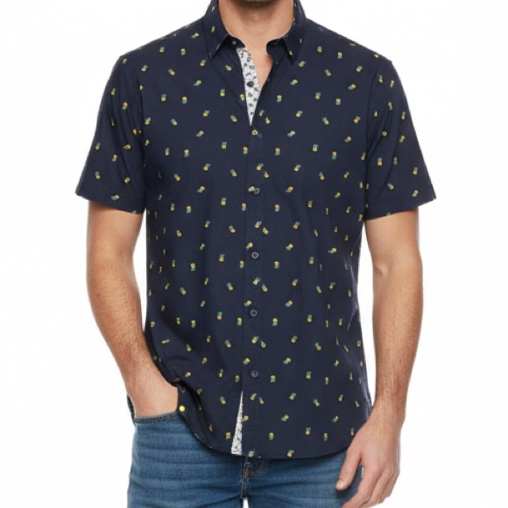 Johnston & Murphy Men's Navy Short Sleeve Button Down in 🍍 Print Size L